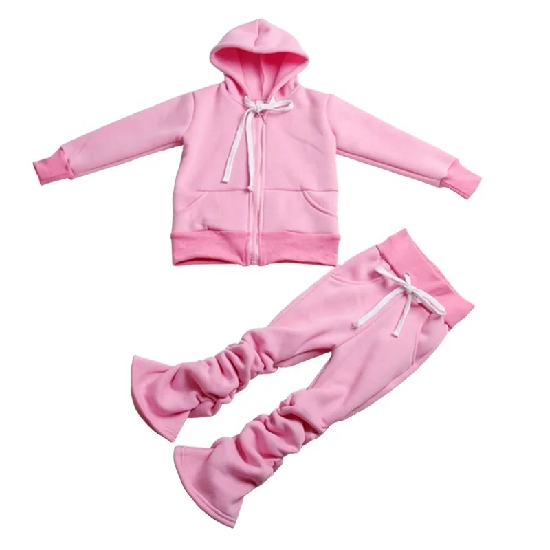 Wholesale Boys Girls Zipper Sweatsuit Stacked Pants Fleece Hoodies Tracksuit Baby Girls Clothing Jogger Sets Winter