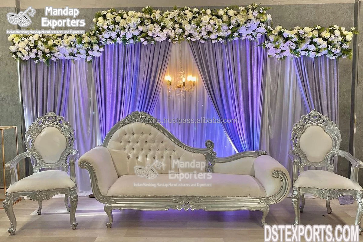 Stunning Silver Finish Bride Groom Sofa Set Asian Wedding Bridal Loveseats for Stage Wedding Silver Stage Throne Sofa Chairs