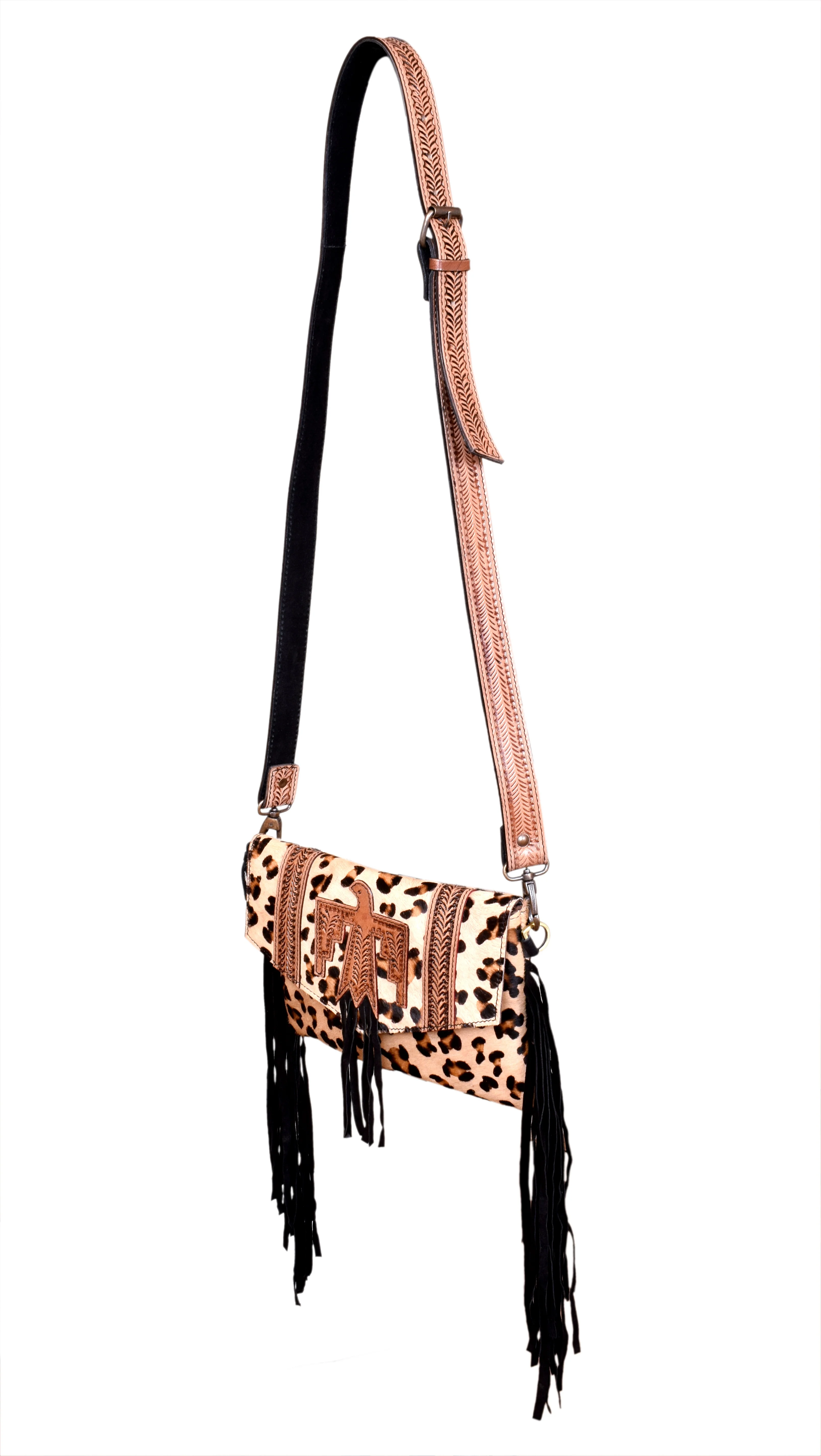 Flying Eagle Leopard Print Embossed Leather Handmade Hairon Fur Leather Crossbody Bag with Hand Tooled Matching Shoulder Strap