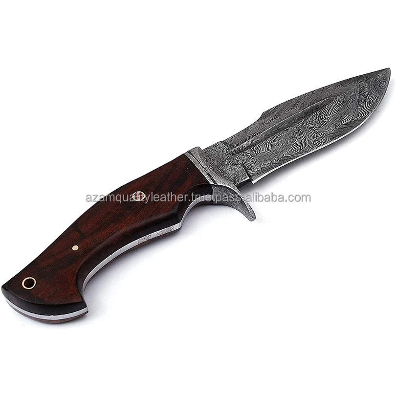 Strong Hand Crafted Camping Knife Damascus Steel Knife with Stag Horn Handle and Cow Hide Leather  cover