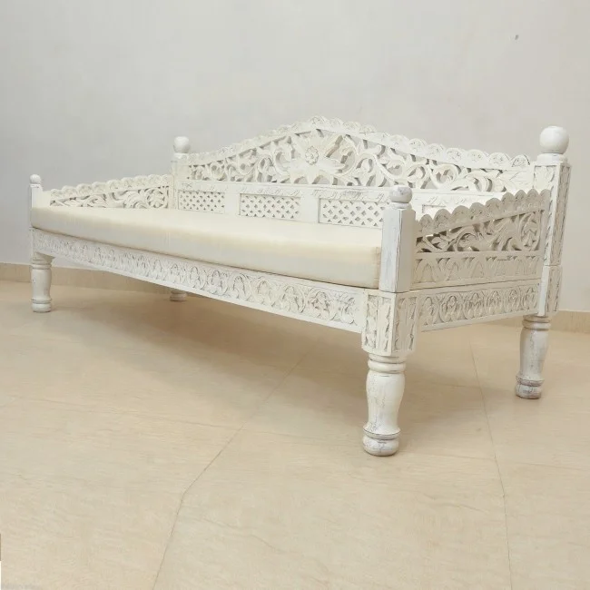 Indian Hand Carved XL Daybed Jodhpur Rustic Solid Wood Handcrafted Daybed Vintage Antique French Style Carving Daybed