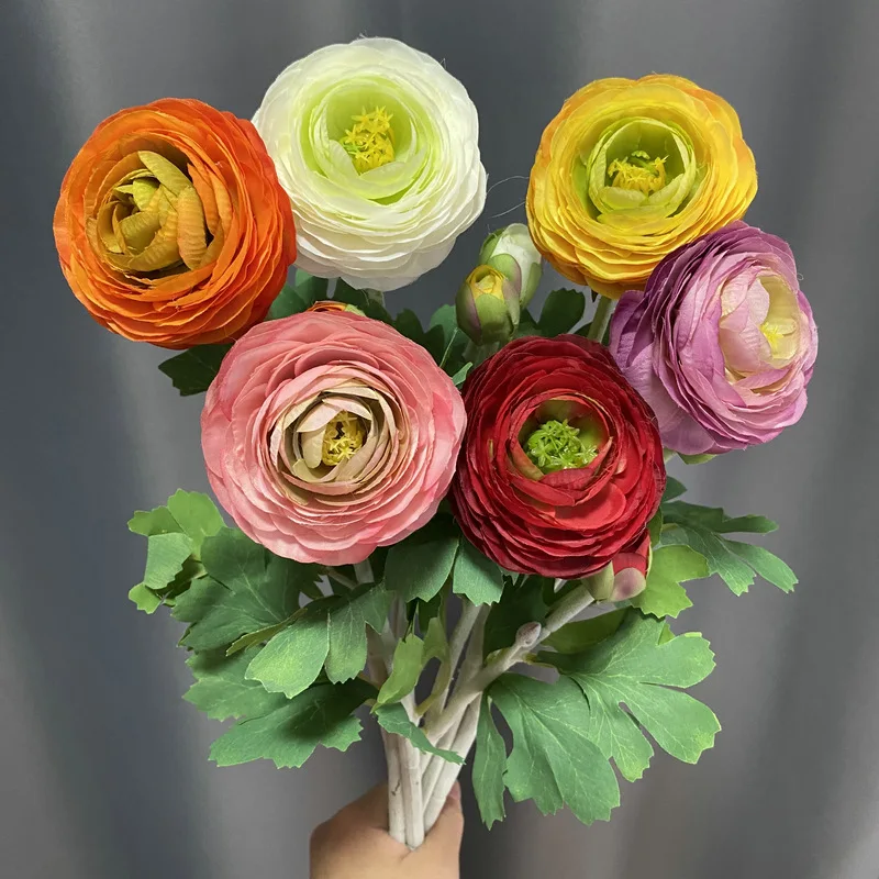Wedding decoration flowers artificial 2 heads flocking Silk Ranunculus lotus flower