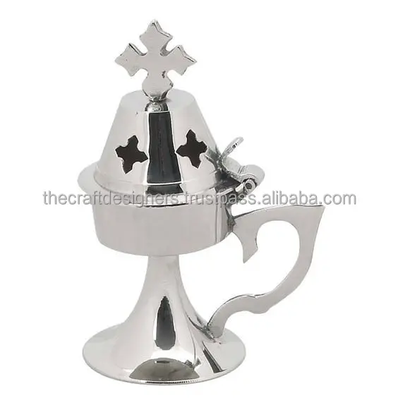Silver Finished Brass Incense Burner Cross on Top Table Decorative Wholesale Quality Incense Burner Religious Fragrance Burner