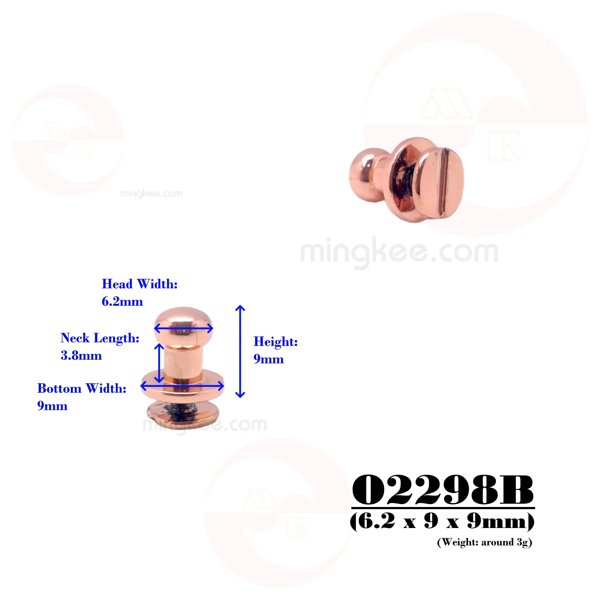 MING KEE METAL 6mm Small Little Head Collar Stud for Leather Belt Use of Thin or thick strap with Round Ball Metal Collar Studs