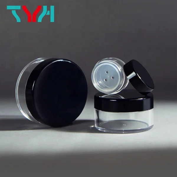 8ml SAN PET Clear Loose Powder Jar PE Sifter With ABS PMMA Glossy Black Round Screw Cap (INH08T)