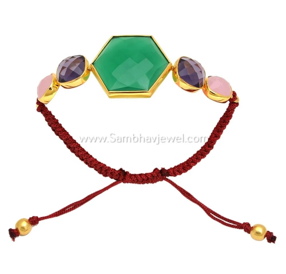 Top Fashion Design Multi Chalcedony Gemstone 925 Sterling Solid Silver Jewelry Fashion Thread Adjustable Bracelets From Exporter