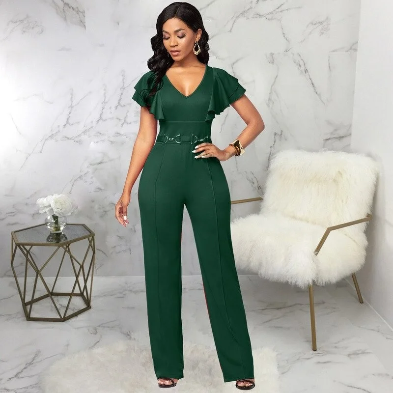 Wholesale sexy fashion lapel long sleeve 1 one piece jumpsuit rompers solid color belt pleated women jumpsuits deep v neck