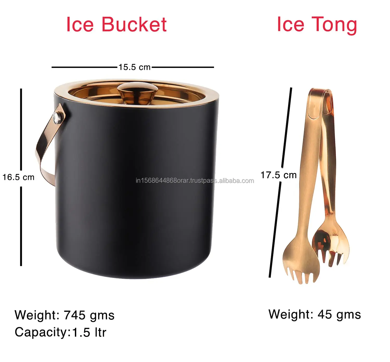Premium 1.5 Litres Stainless Steel Ice Bucket with Metal TONG Black/Copper Beverage Tubs for Parties