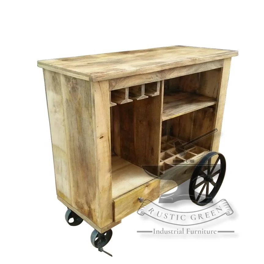 Industrial Wooden Bar Trolley Cabinet