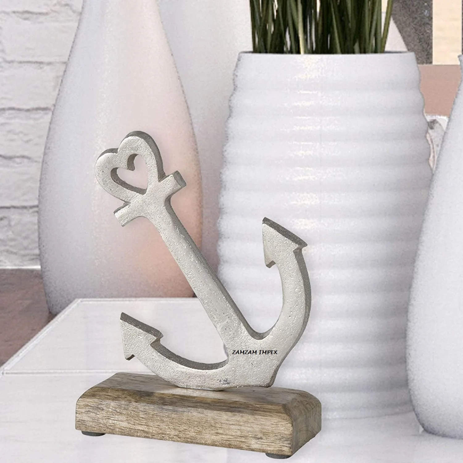 Hand Cast Aluminum Anchor Sculpture With Mango Wood Base