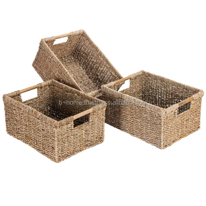 Rural Square Seagrass and Straw Wicker Storage Baskets Home Organization and Storage Craft Product Handicraft