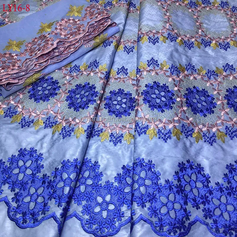 LY16 latest african lace fabric bazin rich nigerian brode 5+2yrads 100%Cotton embroidery Lace With Scarf Dress Material