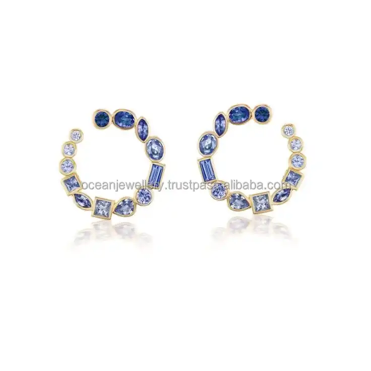 18K Yellow Blue Sapphire Earring Hoop Blue Sapphire Hoop Earrings Sapphire Huggie Small Hoops