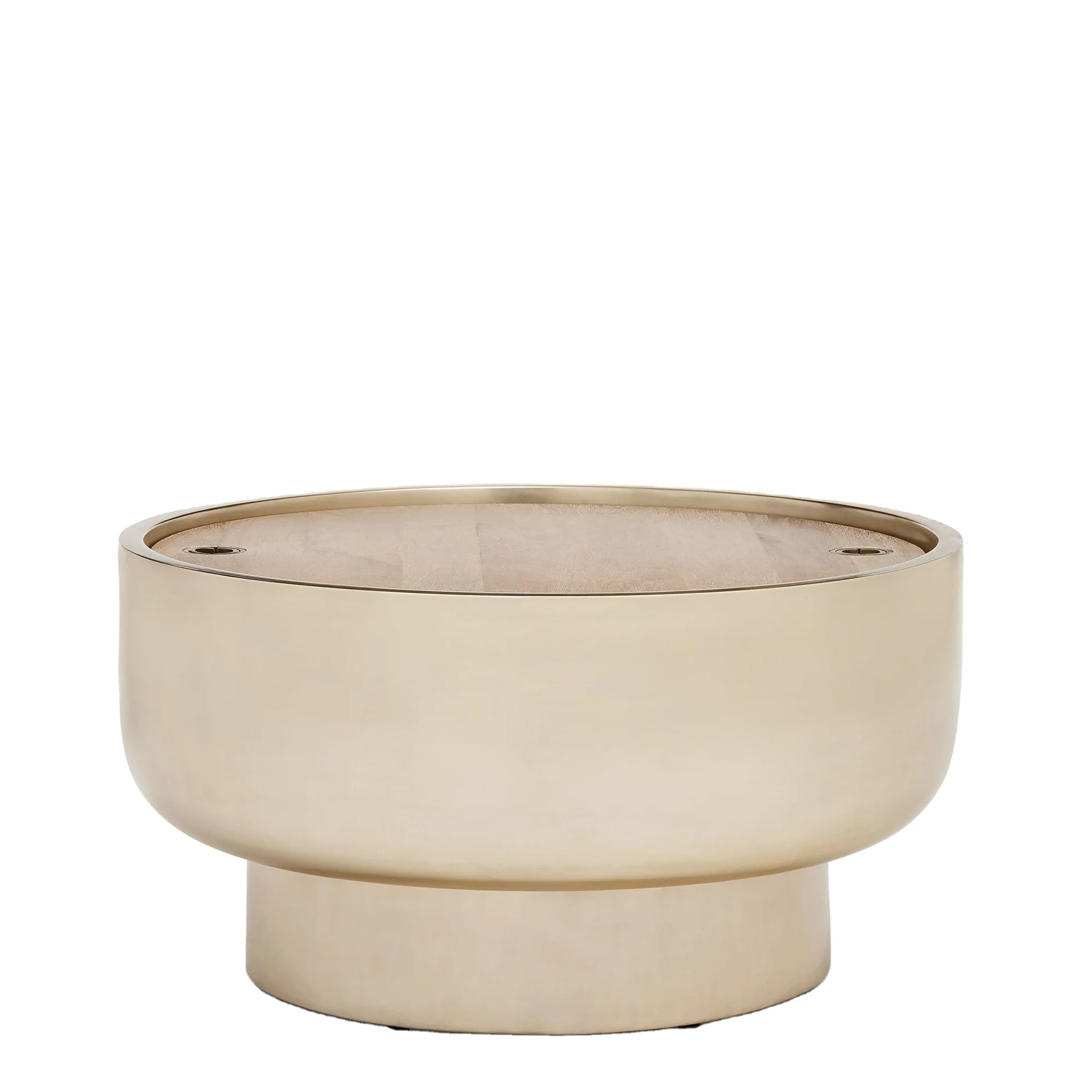 Round Drum Storage Metal Center Table with Natural Finished Wooden Top and Large Storage Space Used for Living Room  Interior