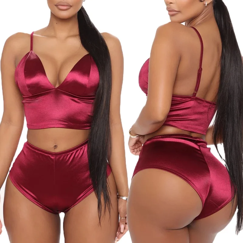 OEM custom 2 Piece Silk Sleepwear Pajama Set Ladies Lingerie Pyjamas Women Sleepwear Sets Custom Logo two piece satin pajama set