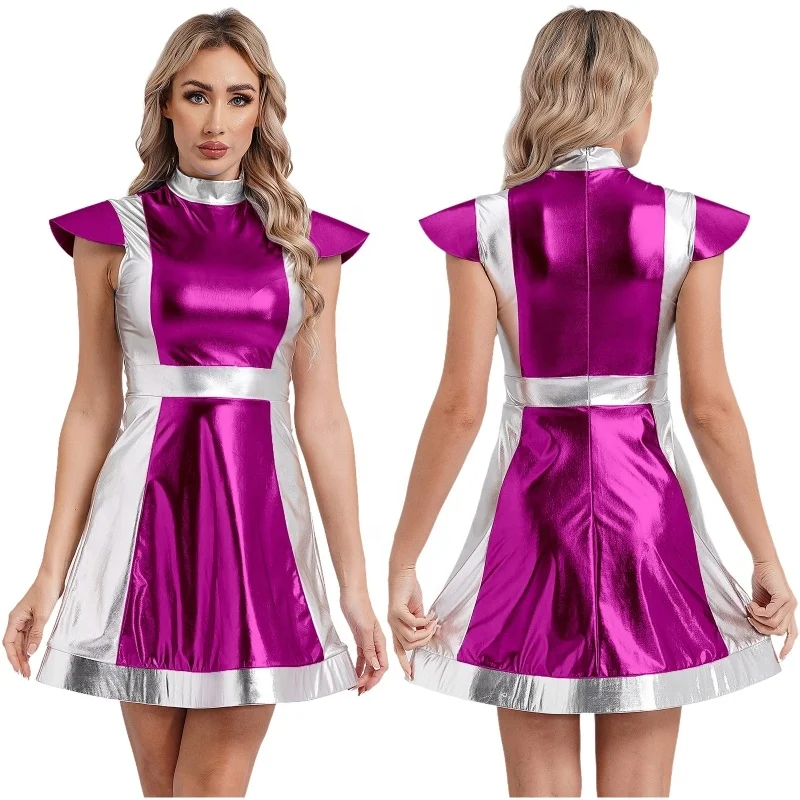 Womens Space Fighter Alien Dress-Up Costume Cap Sleeve Dance Classic Clothes Dress For Halloween Cosplay Adult Dance Clothes