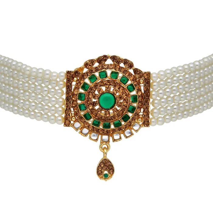 Traditional Choker Necklace Set in Gold finish Green Artificial Stone Indian Pearls Choker Necklace with Earring and Maang Tikka