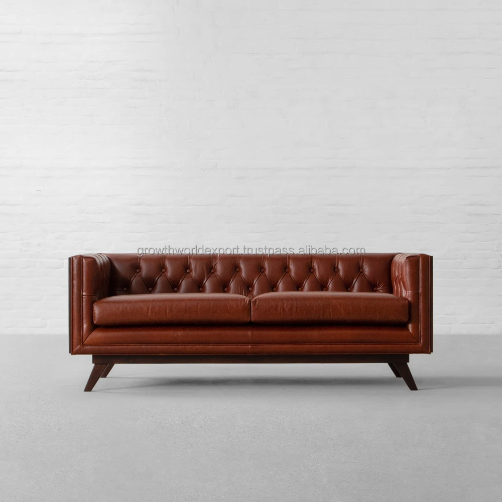 Living room Chesterfield leather Sofa furniture with cushion & Rattan Cane back Quality Leather Daybed Hotel & Home Furniture