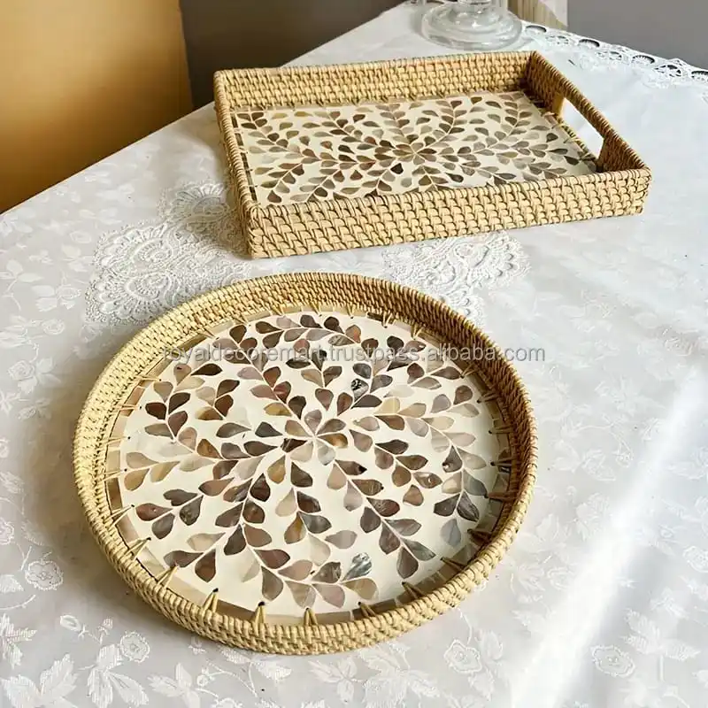 High quality best selling Natural EID Ramadan holiday Rectangle Rattan MOP Serving Tray With Handles  By Royal Decor Mart