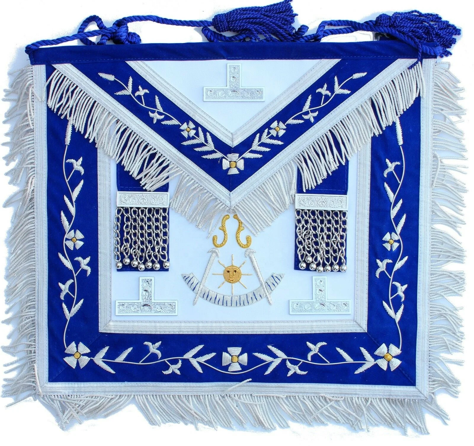 Masonic Grand Past MAster Apron hand embroidered with silver bullion and white Rexene Silver fringe around the apron