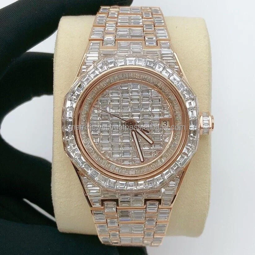 Luxury custom design Yellow gold designer Jewelry Moissanite Diamond Watch Premium Baguette Designer party wear Branded watch