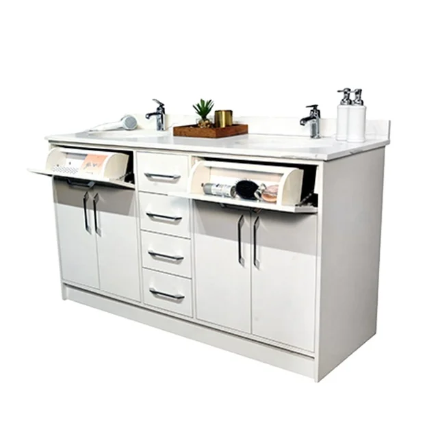 While Color 60 Inch Double Sink Floor Mounted Bathroom Vanity with Cabinet for Storage Home Hotels in Wholesale Price