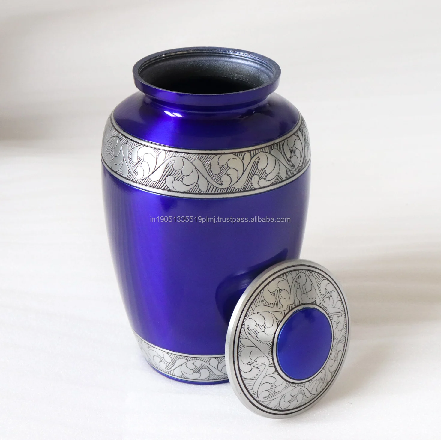 Wholesale Custom Nevy Blue Aluminum Cremation Urn For Human Ashes Handicraft High Quality Engraved Cremation Urn For Adult Ashes