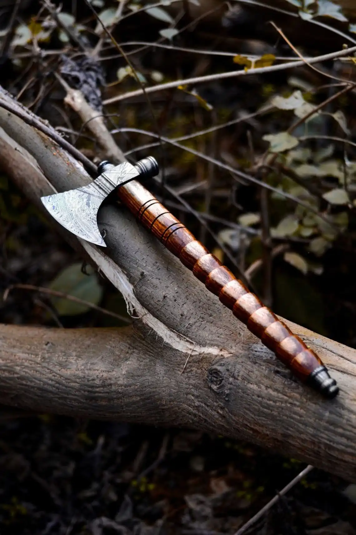 Custom Made Damascus Steel Tomahawk  Axe Rosewood Handle With Leather Sheath.