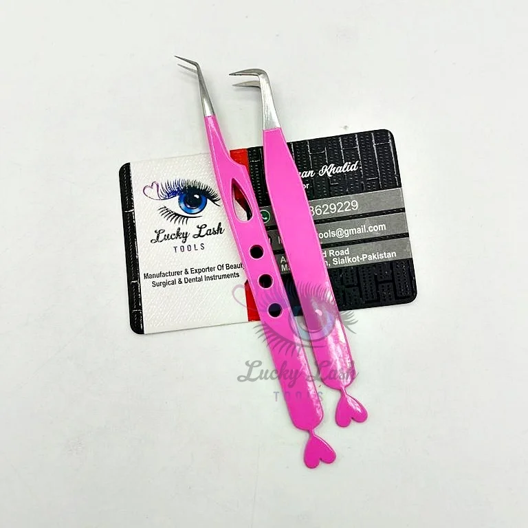 Powder Coating Pink Color Heart Shape Tail Eyelash Extension Tweezers Solid Stainless Steel false Eyelashes Customized Label