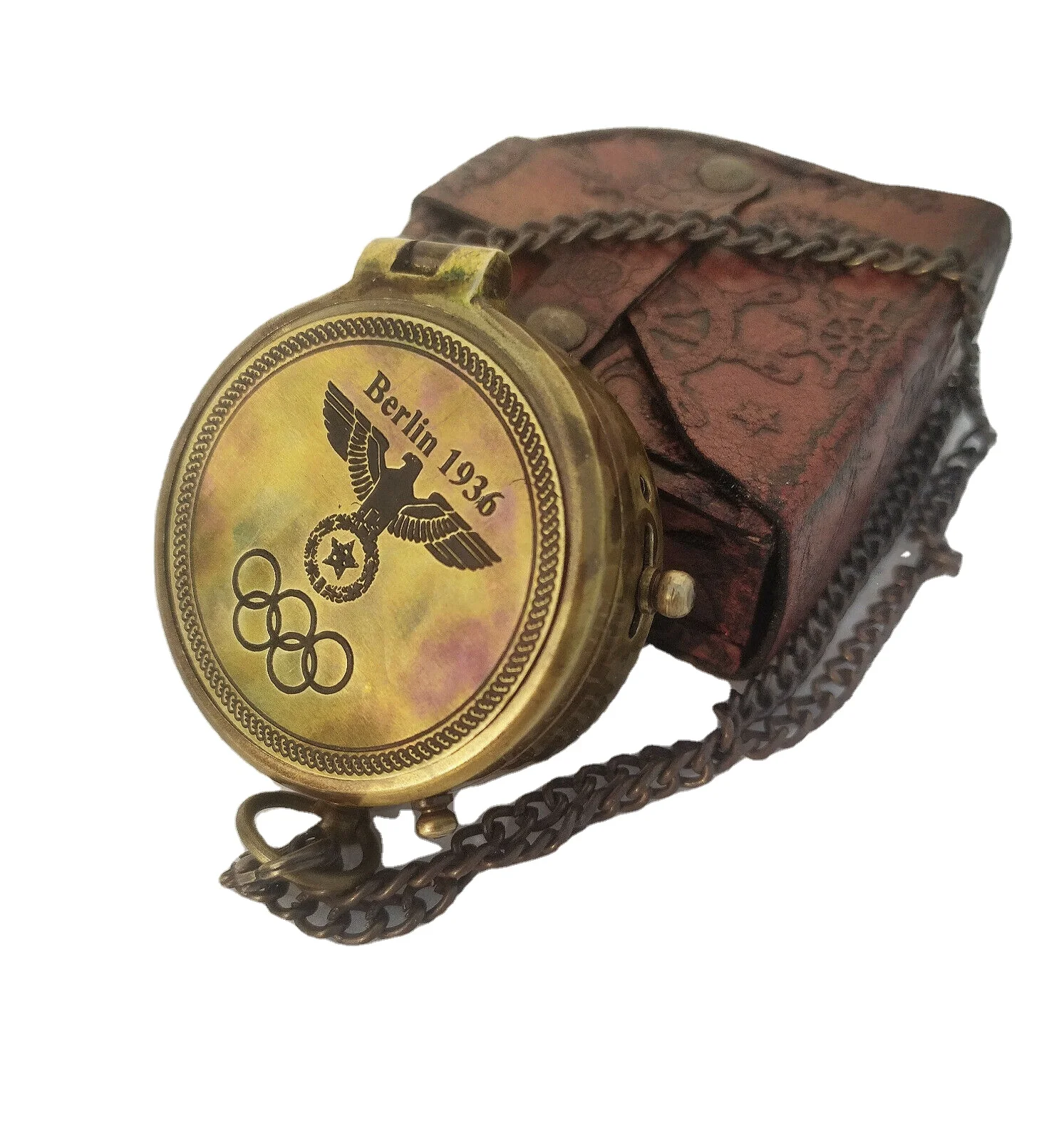 1936 Engraved Berlin Brass Compass with Chain and Leather Case Directional Marine Magnetic Nautical Vintage Look Compass