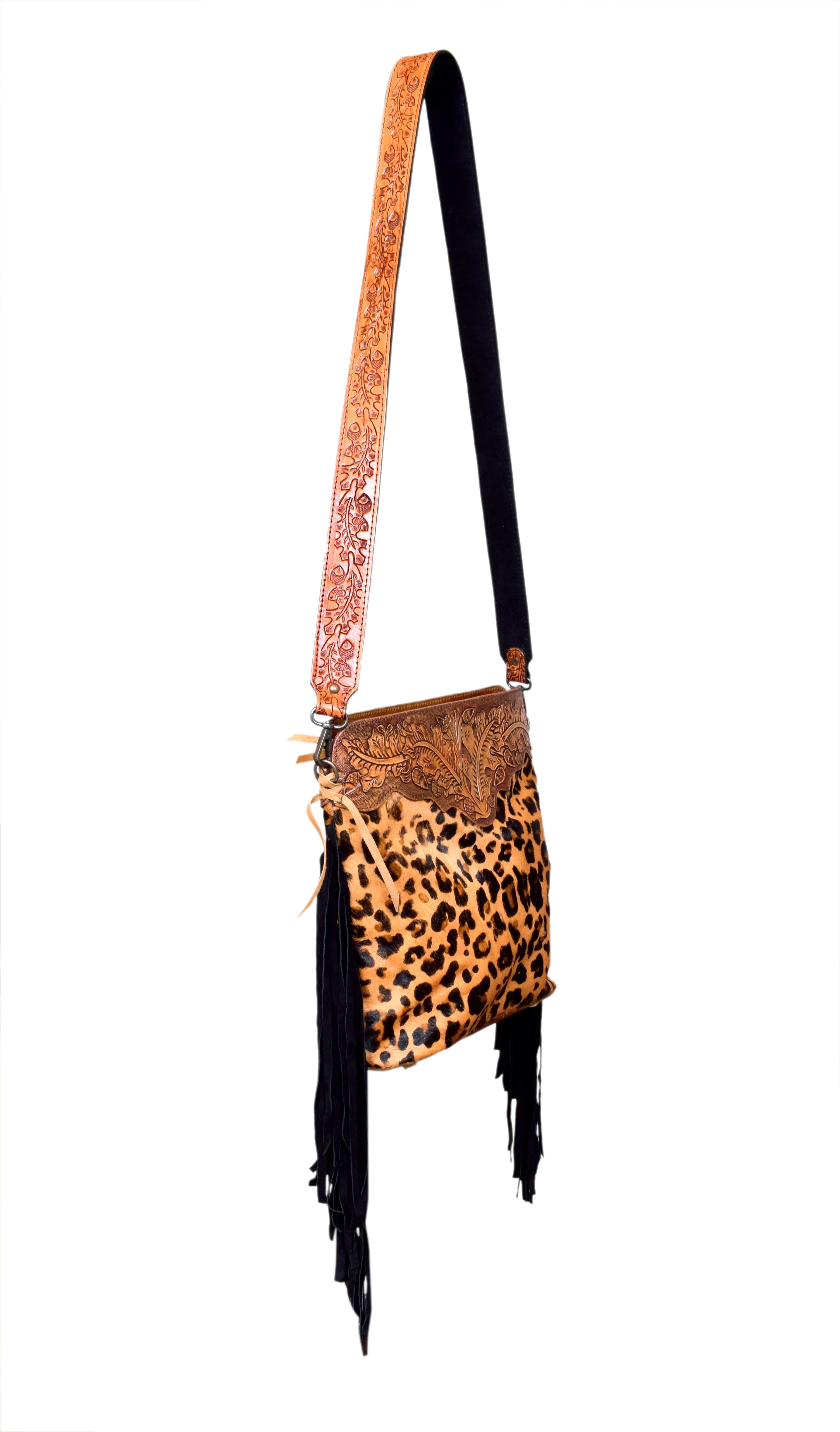 Leopard Print Cross Body Bag With Oak Leaf Pattern Hand Tooled Cowhide Patch on Top Hairon and Fur Leather Adjustable Straps