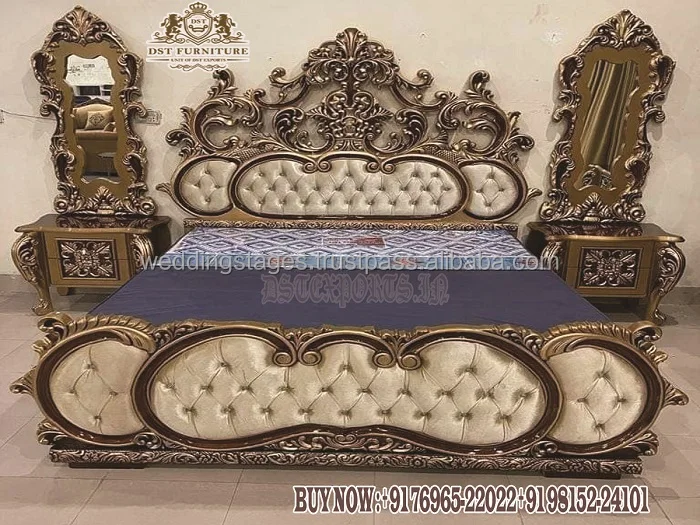 Classic Design Louis Bed Frame with Side Tables Latest Design Bed With Side Tables Best Classical Design Bedroom Furniture