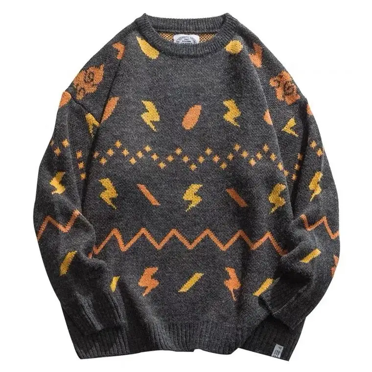 OEM custom men cotton crew neck knitted sweater long sleeve letter pattern vintage stripes pullover letterman sweater