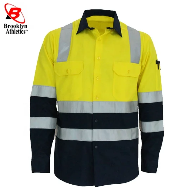 Two Tone Long Sleeve Safety Work shirt Reflective Workwear 100% Cotton Orange Navy Safety Shirts With Hi Vis Tapes