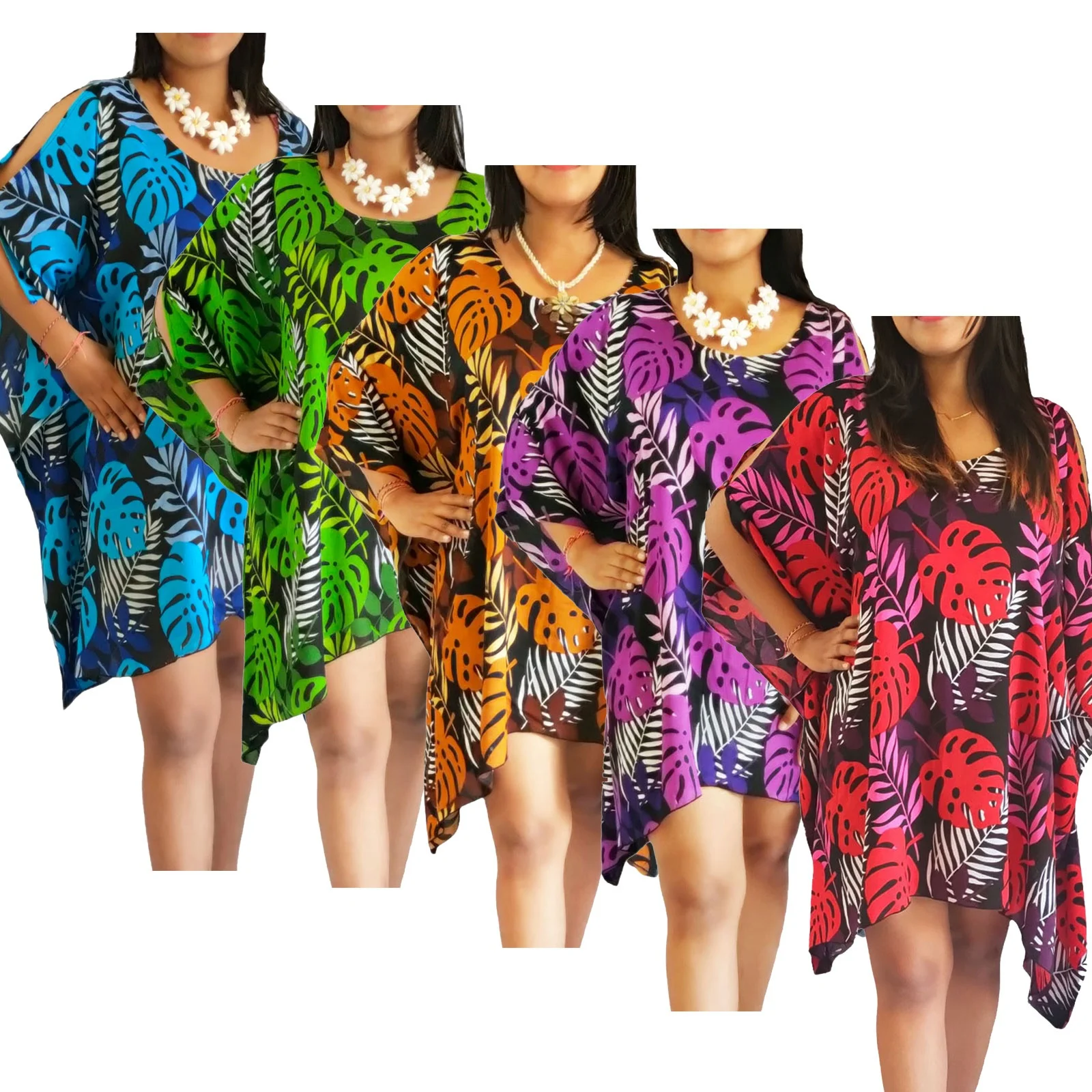 NEW arrival poncho dress 100% rayon leaf printed hole shoulder casual dresses cover up summer beach dress