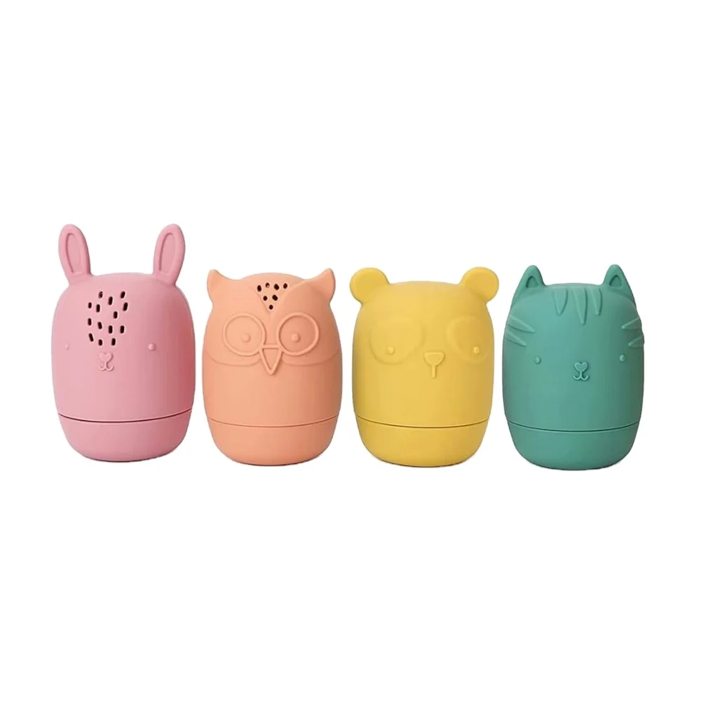 Newborn kids toys small animal shaped 4 piece ocean series baby water game 100% food grade silicone bath toys