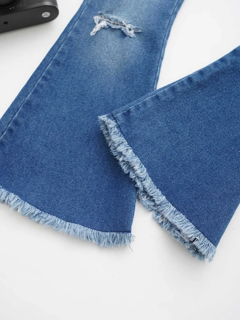 4-16 Years Kids Girls Pants Manufacturers Jeans Half Pants Stylish Clothing Ripped Denim Bell-Bottom Long Pants