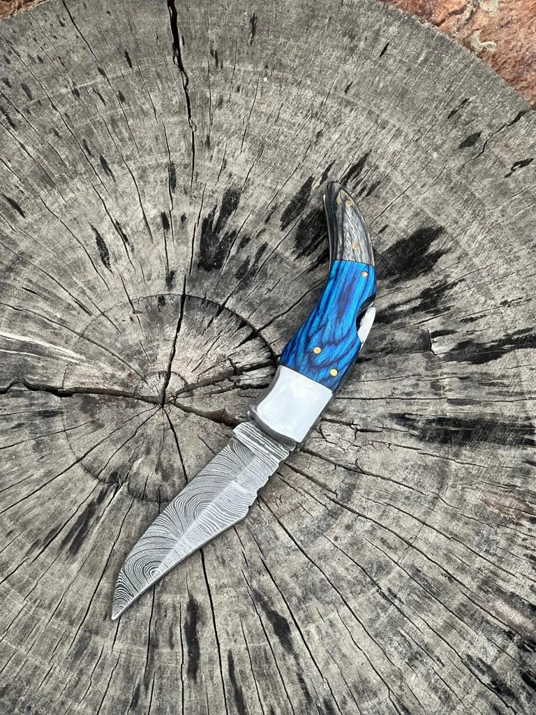 New Custom Handmade Damascus Steel Blade Back Lock Mechanism Folding Pocket Knife With Leather Case