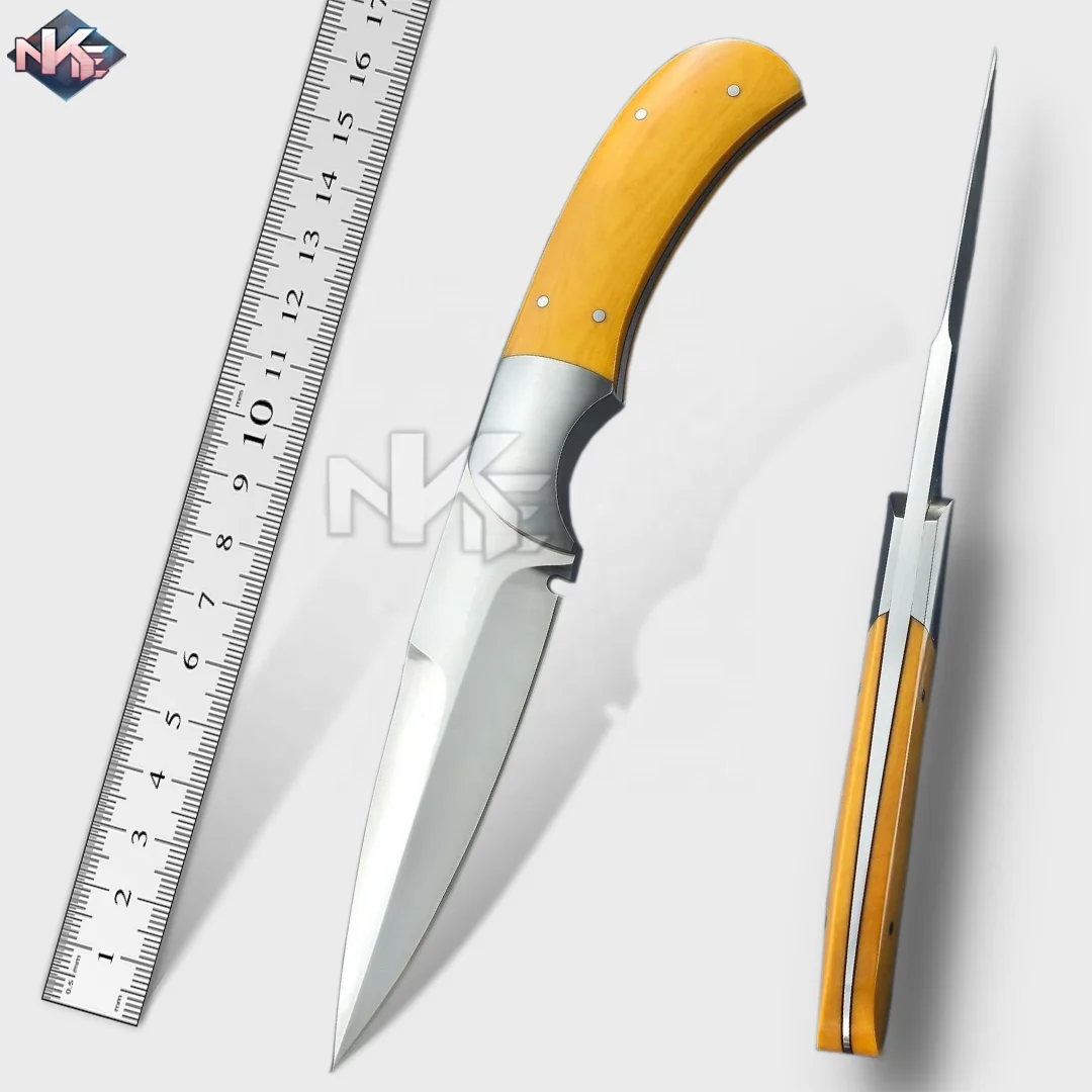 2022 New Camping Knife Premium Quality Tactical D-2 Steel Knife with Yellow G10 Handle and Cow Hide Leather Sheath