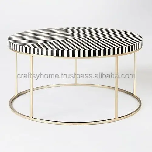 INDIAN CRAFTS LUXURY HANDMADE BONE INLAY ROUND COFFEE TABLE IN NATURAL WHITE COLOR FOR LIVING ROOM DECOR BY CRAFTSY HOME