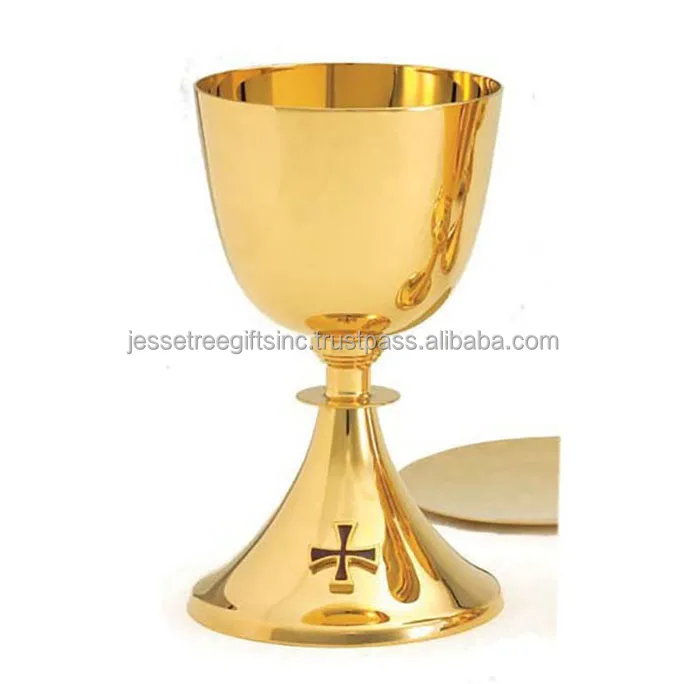 Metal Church Chalice With Shiny Polish  Finishing Round Shape Simple Design Best Quality With Cross Inlay On Base For Drinking