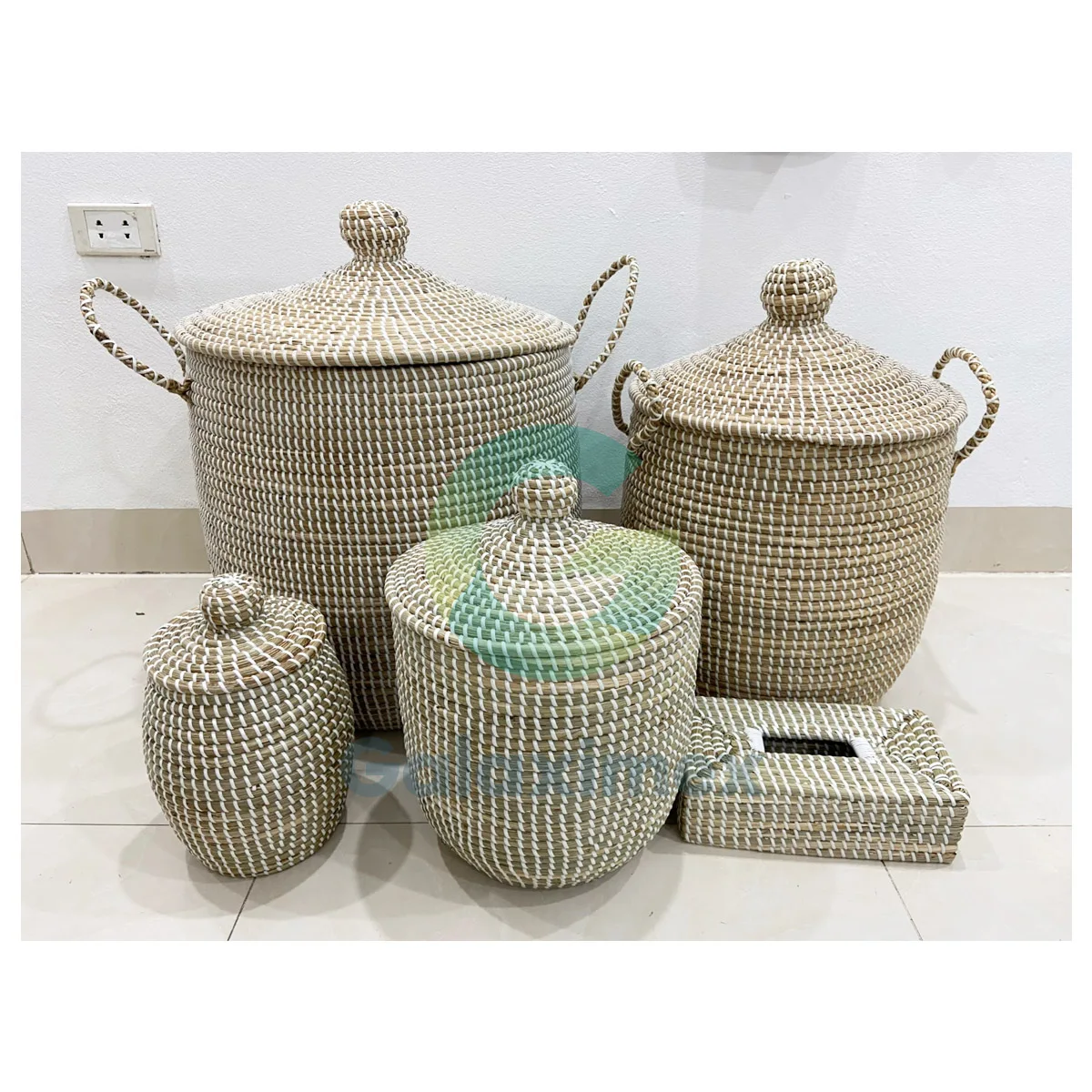 Large white wicker hamper basket handcrafted in Vietnam