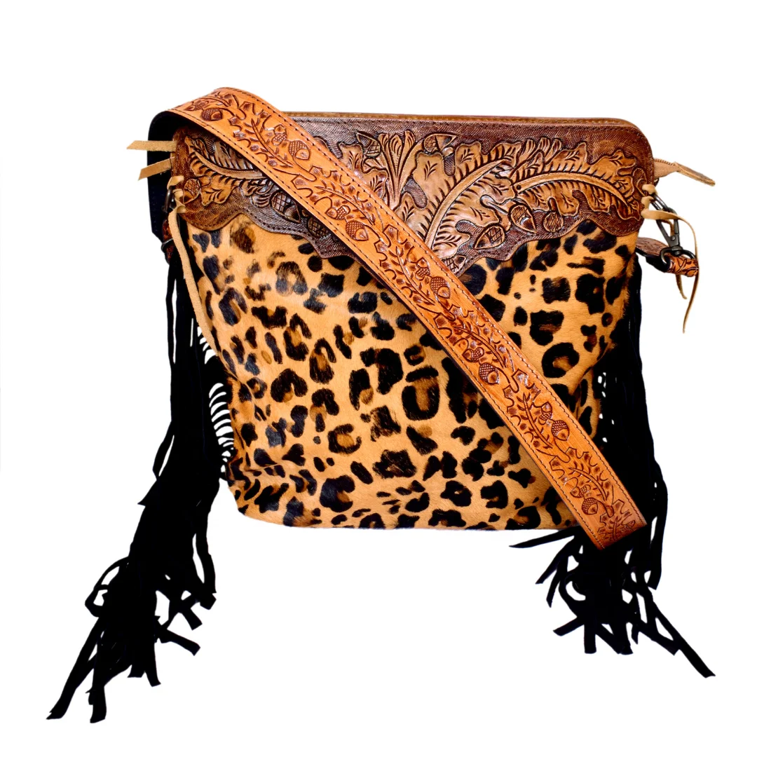 Leopard Print Cross Body Bag With Oak Leaf Pattern Hand Tooled Cowhide Patch on Top Hairon and Fur Leather Adjustable Straps