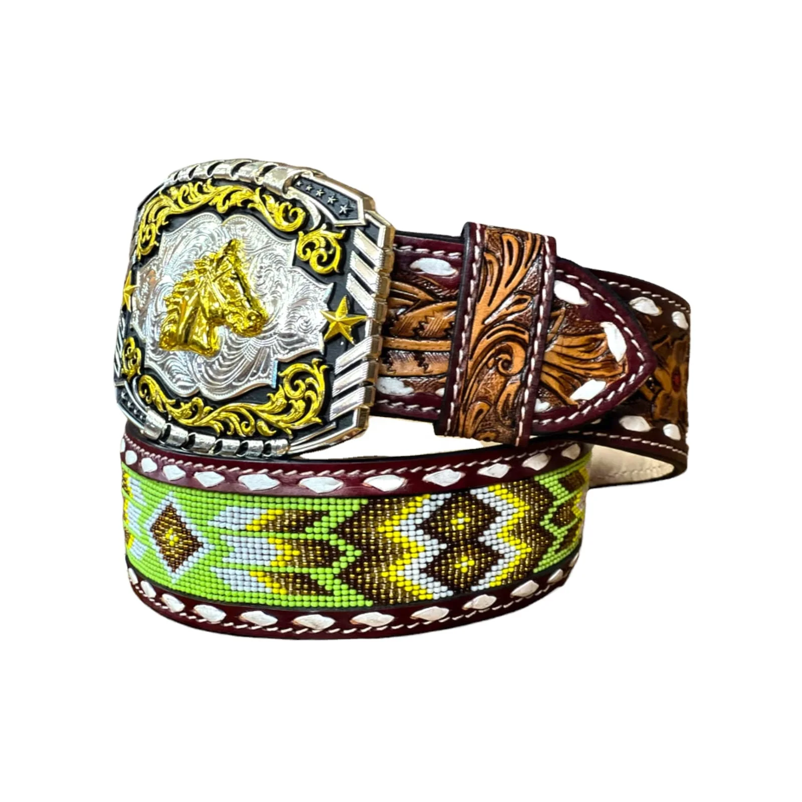 New Superb Classic Vaquero Fashion Green Beaded Color White Buck Stitch With Antic Brown Curved Leather Belts in Genuine leather