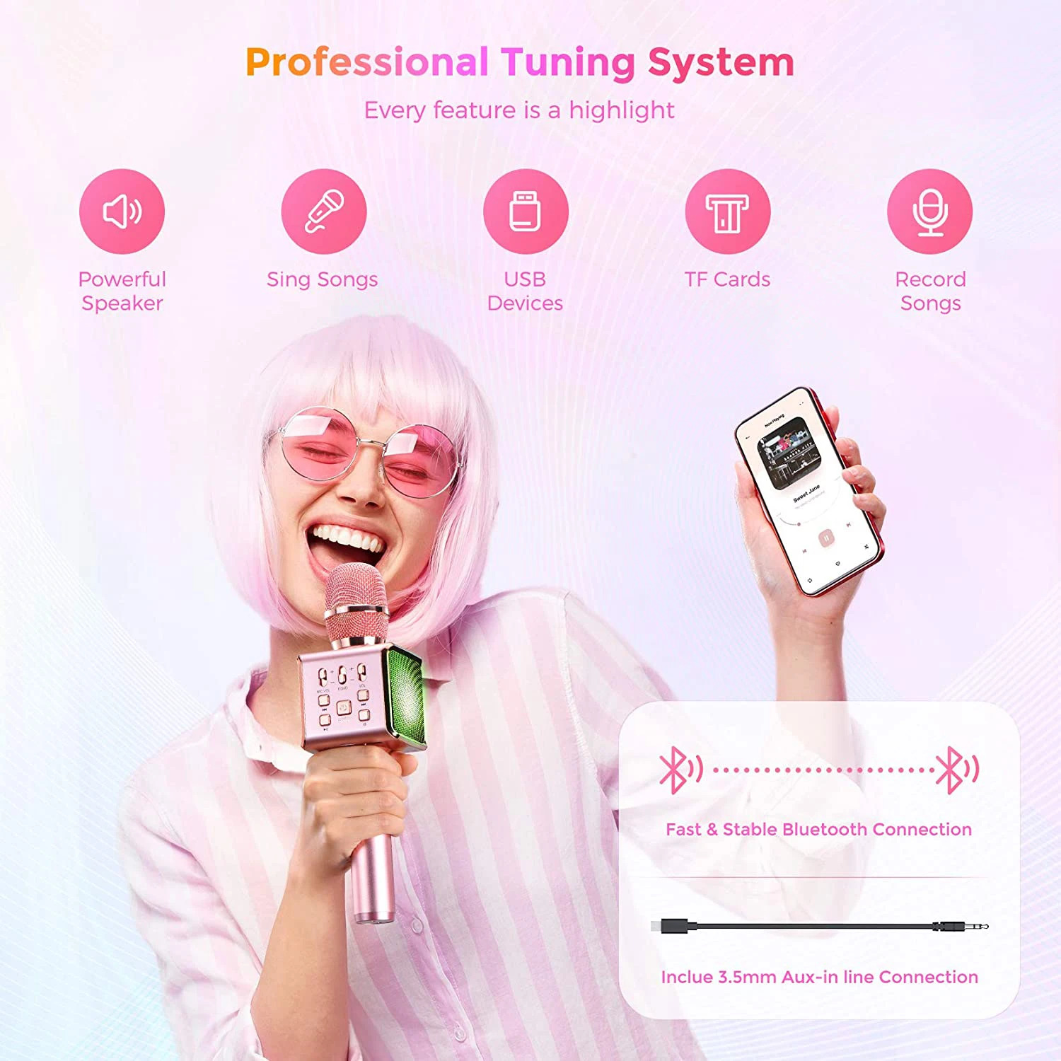 Customized Karaoke Microphone Blue-tooth Portable Wireless Home Party Singing Machine Speaker Record for Kids Microfon