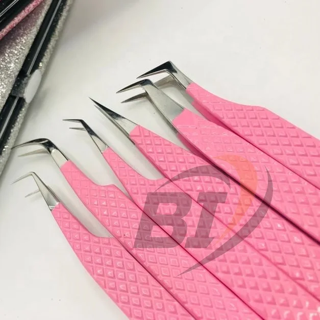 Pink Color Coated Stainless Steel Hand Tested Diamond Grip Eyelash Extension Tweezers/ Tweezers for Eyelash Extension