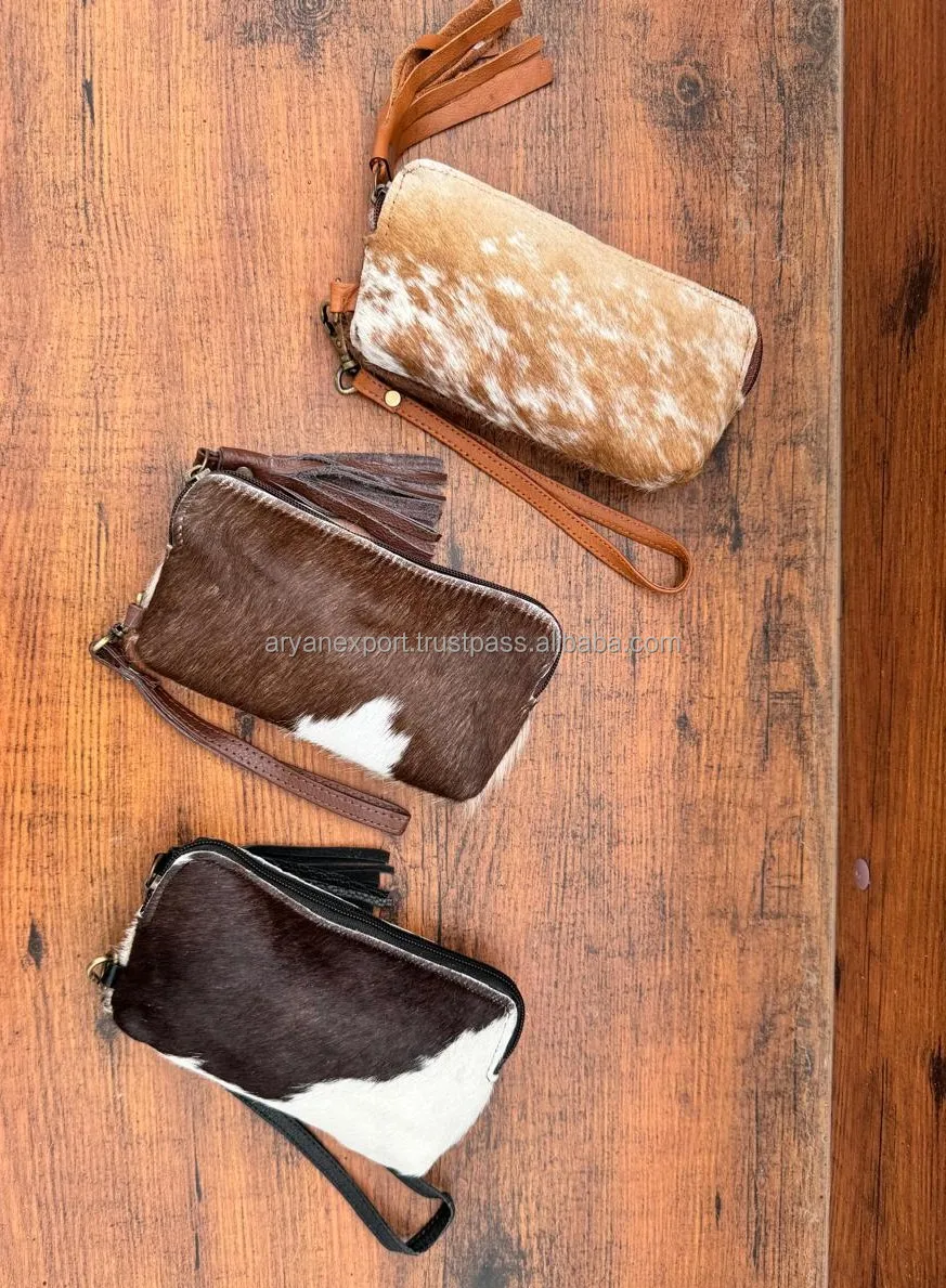 Extreme Quality Handmade Cowhide Tassel Pouch Western Genuine Leather Boho Wristlet Wallet Hair On Hide Zipper Clutch For Women