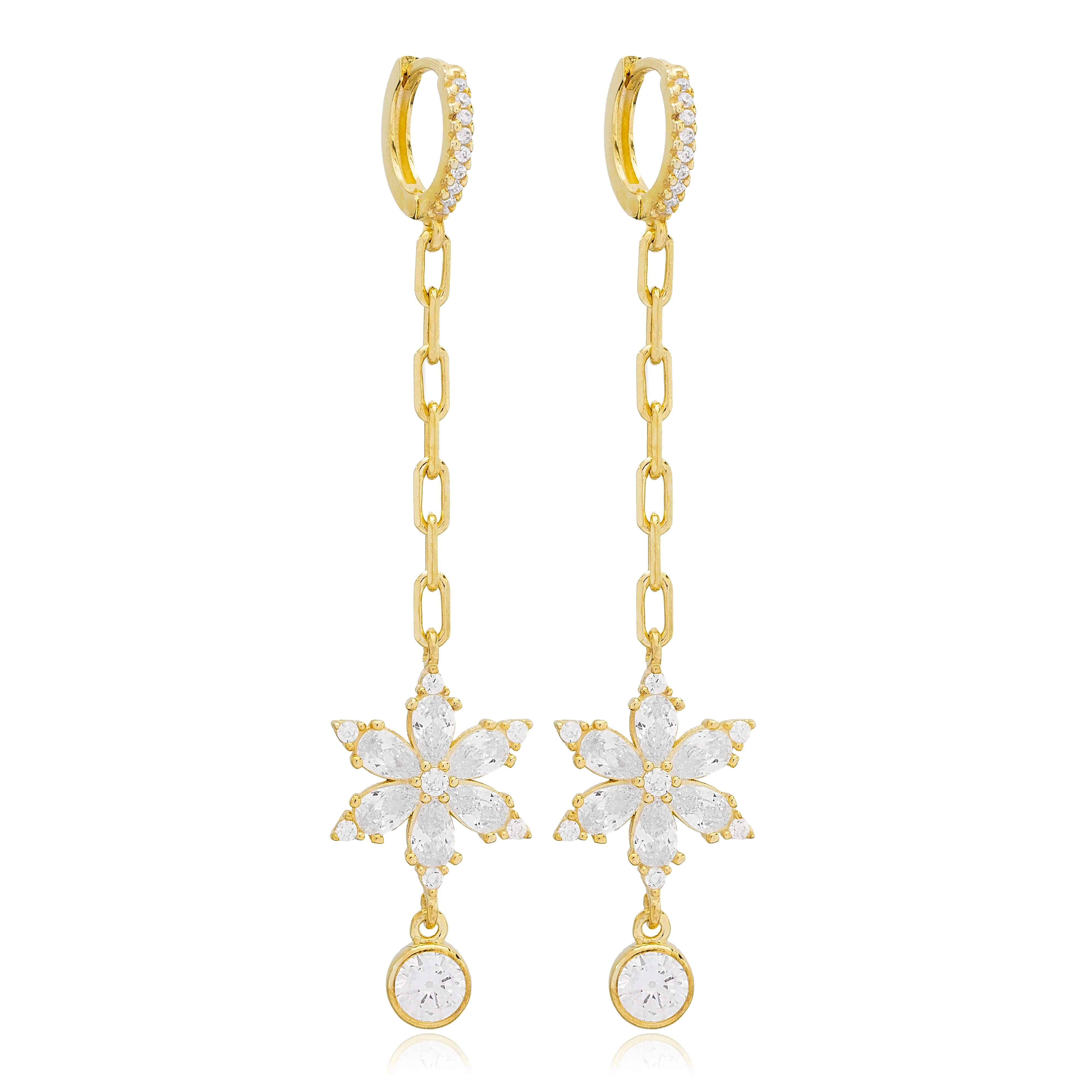 Unique Flower Design Clear Zircon Long Earrings Turkish Handcrafted Wholesale 925 Sterling Silver Jewellery