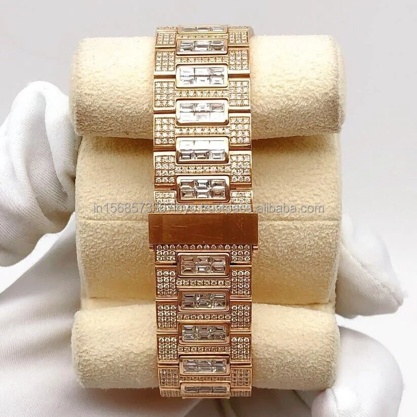 Luxury custom design Yellow gold designer Jewelry Moissanite Diamond Watch Premium Emerald cut Designer party wear Branded watch