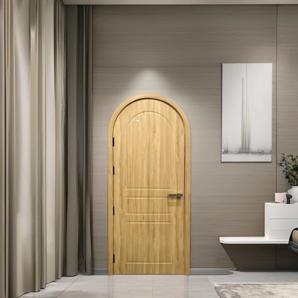 DEWOO Arched WPC PVC Film Door Modern Style Cheap Price for Living Room/Toilet Wooden Plastic Manual Opening Exterior Home Use